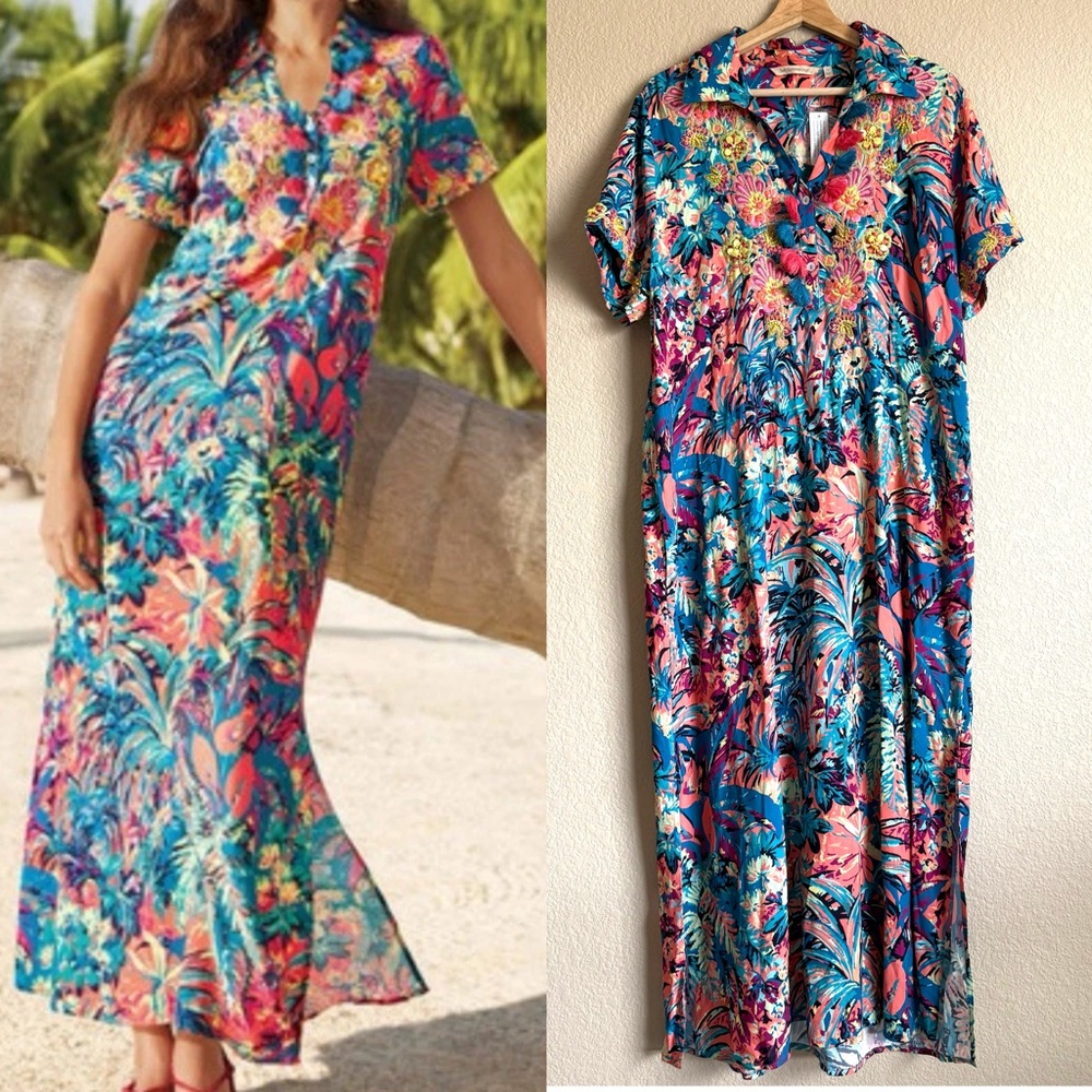 Soft Surroundings Florence Boho Tropical Shirt Dress Embroidered Beaded Tassel L